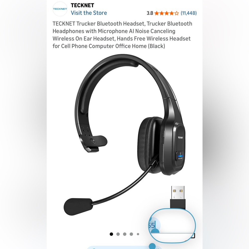 NIB Tecknet Bluetooth Headset w/ Microphone AI Noise Cancelling Hands Free Black